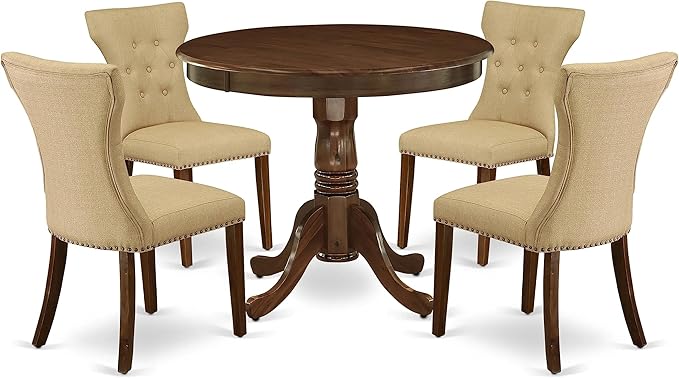East West Furniture ANGA5-AWA-03 Antique 5 Piece Set for Small Spaces Consist of a Round Dining Room Table with Pedestal and 4 Parson Kitchen Chairs - LeafyLoom
