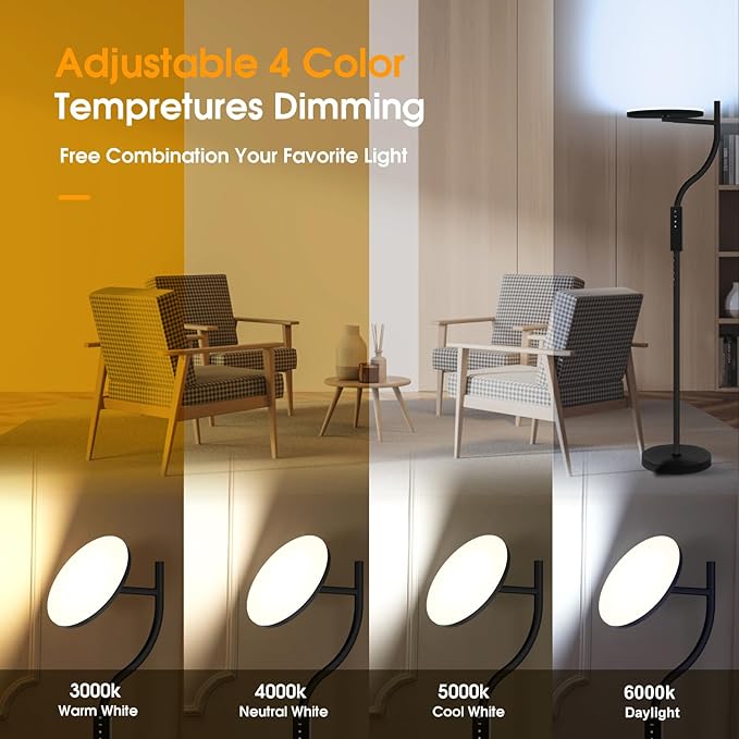 PESRAE 36W/3600LM LED Torchiere Super Bright Standing Lamp for Living Room, Rotatable Tall Lamp with Remote Control, Stepless Color Temperatures and Dimming Floor Lamps for Bedroom Office - LeafyLoom