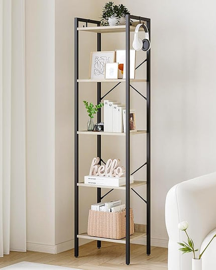 Bookshelf, Book Shelf, Industrial Bookcase with 2 Hooks, Coner Shelf Storage Organizer for Home Office, Living Room, Bedroom, Kitchen, 5-Tier Greige BC10505B - LeafyLoom
