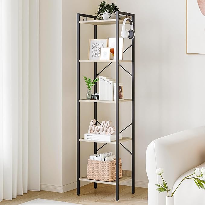 Bookshelf, Book Shelf, Industrial Bookcase with 2 Hooks, Coner Shelf Storage Organizer for Home Office, Living Room, Bedroom, Kitchen, 5-Tier Greige BC10505B - LeafyLoom
