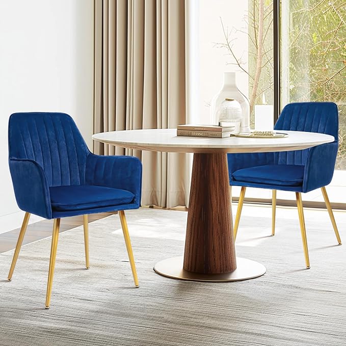CangLong Furniture Modern Living Dining Room Accent Arm Chairs Club Guest with Gold Metal Legs, Set of 2, Navy Blue - LeafyLoom