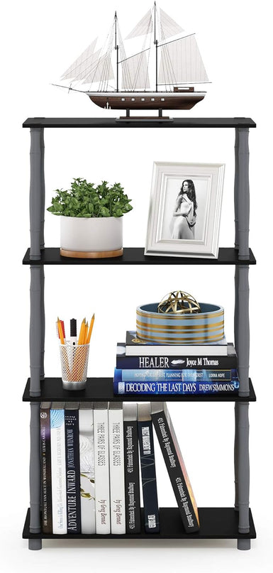 Furinno Turn-N-Tube 4-Tier Multipurpose Shelf Display Rack, Classic Tubes, Black/Grey - LeafyLoom