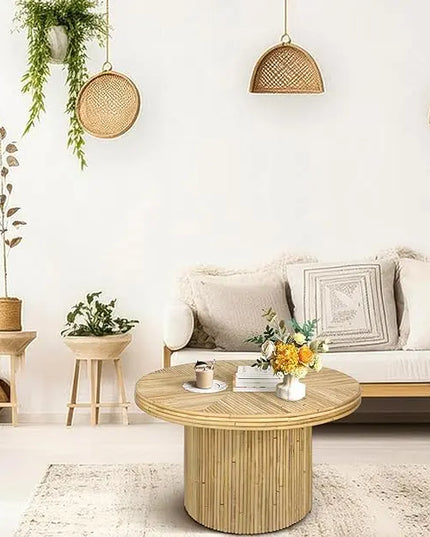 Round Coffee Table, Small Rattan Coffee Table, Mid Century Modern Coffee Table, Boho Circle Coffee Table, Tea Table, Unique Fluted Coffee Table, Rustic Center Table for Living Room - LeafyLoom