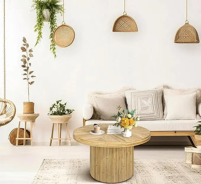 Round Coffee Table, Small Rattan Coffee Table, Mid Century Modern Coffee Table, Boho Circle Coffee Table, Tea Table, Unique Fluted Coffee Table, Rustic Center Table for Living Room - LeafyLoom