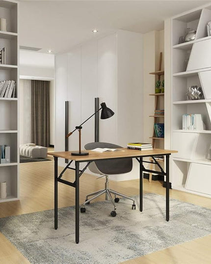 SDHYL 39 inchesNo Assembly Foldable Computer Desk for Home Office Workstation, Study and Writing, Teak Board and Black Leg - LeafyLoom