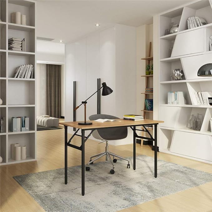SDHYL 39 inchesNo Assembly Foldable Computer Desk for Home Office Workstation, Study and Writing, Teak Board and Black Leg - LeafyLoom