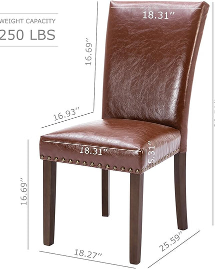 COLAMY Upholstered Parsons Dining Chairs Set of 2, PU Leather Dining Room Kitchen Side Chair with Nailhead Trim and Wood Legs - Light Brown - LeafyLoom