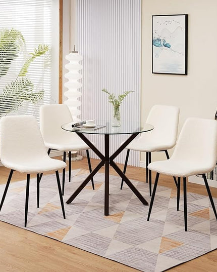 Glass Dining Table,Modern Tempered Glass Top Dining Room Table with Cross Base for 4 People,Round Large Dining Table Glass Kitchen Table - LeafyLoom