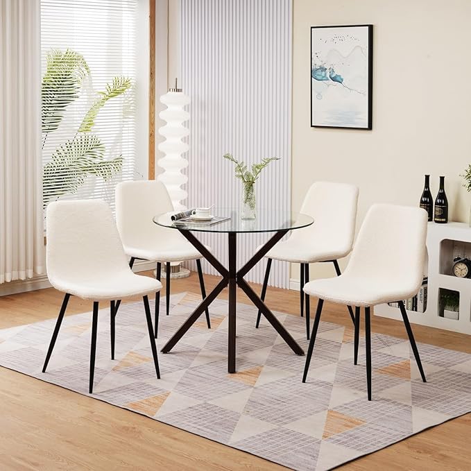 Glass Dining Table,Modern Tempered Glass Top Dining Room Table with Cross Base for 4 People,Round Large Dining Table Glass Kitchen Table - LeafyLoom