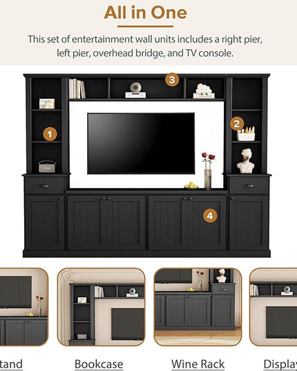 Merax Minimalist Entertainment Wall Unit Set with Bridge Ample Storage Space and Adjustable Shelves, TV Stand for Televisions Up to 75'', Modernist Large Media Console for Living Room, Black - LeafyLoom