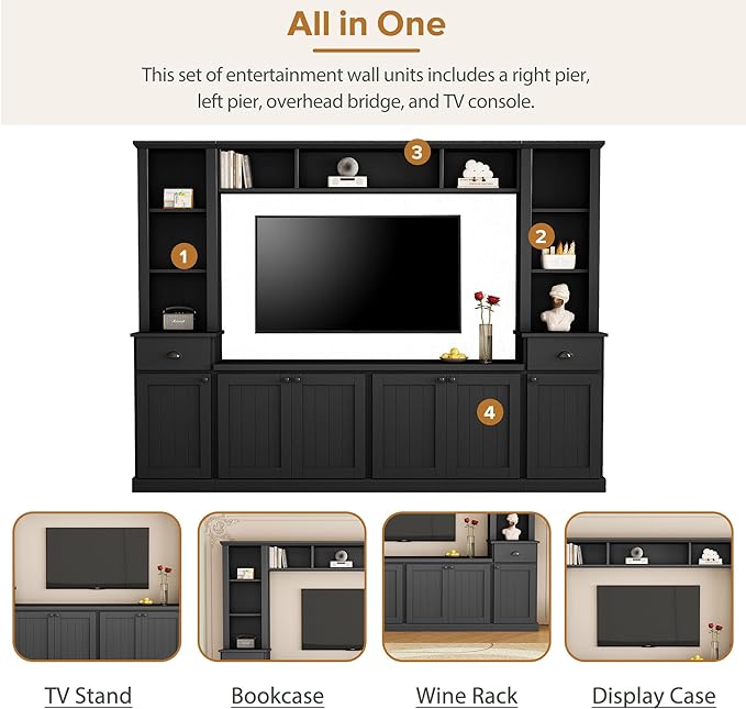 Merax Minimalist Entertainment Wall Unit Set with Bridge Ample Storage Space and Adjustable Shelves, TV Stand for Televisions Up to 75'', Modernist Large Media Console for Living Room, Black - LeafyLoom