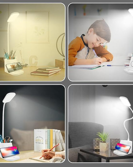 LED Desk Lamp with Wireless Charger and Organizer,Home Office Touch Reading Lamp with Pen Holder/Storage,Stepless Dimming 3 Color Modes,360°Flexible Gooseneck Eye Caring Desk Light-Study/College Dorm - LeafyLoom