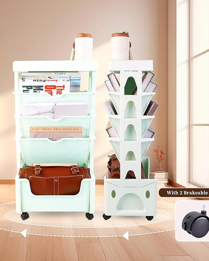 5 Tier Book Rack Storage Bookshelf, Removable Movable Unique Bookcase, Mobile Bookshelf with Wheels Utility Organizer Bookshelves for Kids Children Students Study in Bedroom Living Room School (Green) - LeafyLoom