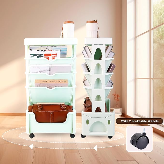 5 Tier Book Rack Storage Bookshelf, Removable Movable Unique Bookcase, Mobile Bookshelf with Wheels Utility Organizer Bookshelves for Kids Children Students Study in Bedroom Living Room School (Green) - LeafyLoom