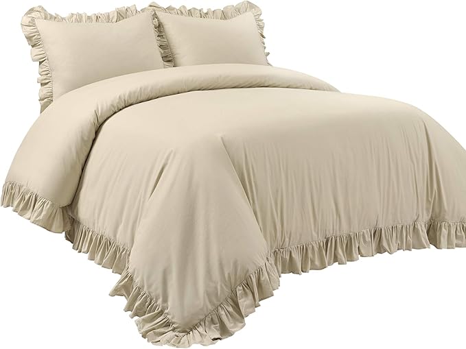Lush Decor Reyna Ruffle 100% Cotton Duvet Cover Set - 3 Piece Cozy Ruffled Bedding Set - Timeless Elegance and Comfort - Full/ Queen, Wheat - LeafyLoom