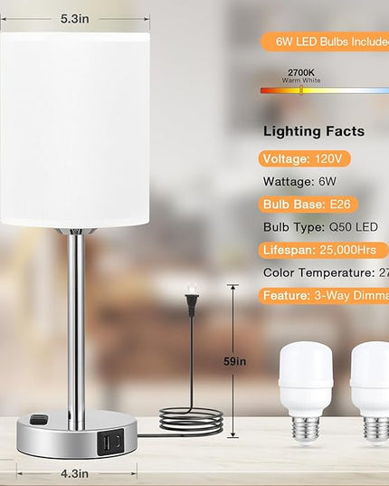 Bedside Table Lamps for Bedroom Set of 2 - Touch Nightstand Lamp with USB-A+C Charging Ports & AC Outlet - 3 Way Dimmable Small Desk Lamp White for Office, Living Room, Reading - LeafyLoom