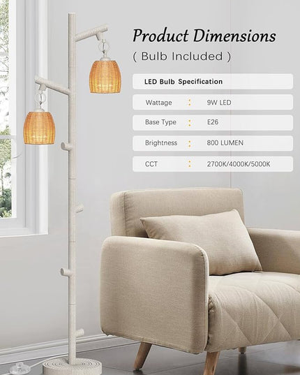 WIHTU 2 Light Tall Floor Lamps for Living Room Bright Lighting, Vintage Standing Lamp for Bedroom, White LED Pole Lamp floor with Wood Bamboo Woven Shades, Tree Corner Light for Home Decor - LeafyLoom