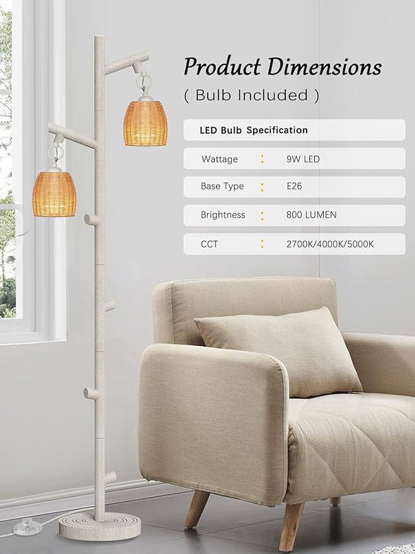 WIHTU 2 Light Tall Floor Lamps for Living Room Bright Lighting, Vintage Standing Lamp for Bedroom, White LED Pole Lamp floor with Wood Bamboo Woven Shades, Tree Corner Light for Home Decor - LeafyLoom