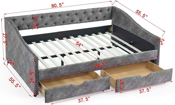 Upholstered Full Size Daybed with Two Storage Trundle Drawers, Solid Wooden Bed Frame w/Button Tufted Backrest, No Box Spring Needed, for Kids, Bedroom, Dorm - LeafyLoom