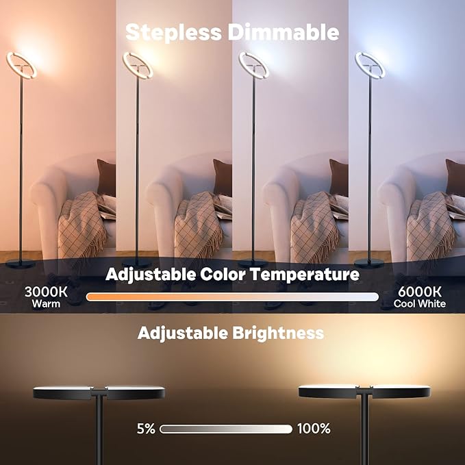 Upgraded RGBCW Floor Lamp, Bright Color Changing RGB Standing Lamp, Modern Stepless Dimmable LED Tall Lamp with Remote Control, 20W 3000-6000K Floor Lamps for Living Room, Bedroom, Office - LeafyLoom