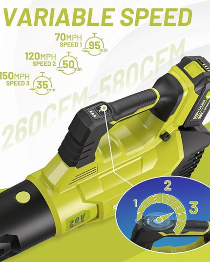 SEYVUM Leaf Blower - 580CFM 20V Leaf Blower Cordless with 2 X 4.0Ah Battery & Charger, 3-Speed Dial Electric Blower Handheld, Lightweight Powerful Battery Operated for Lawn Care, Jobsite - LeafyLoom