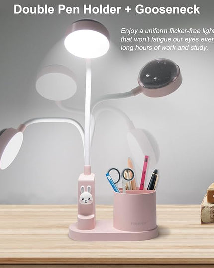 Cute Kids Desk Lamp 2000mAh Rechargeable Kawaii Desk Lamp with Star Projection/Pen Holder, Aesthetic Kids Bedside Lamp with Flexible Gooseneck/ 3 Level Brightness/Eye-Caring for Reading, Pink - LeafyLoom