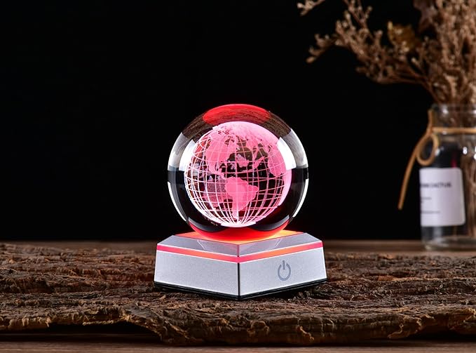 3D Crystal Ball Earth Model, with Led Stand, 3.15'' Globe World Map Planets Glass Ball Decor, Engraved Crystal Sphere with Gift Box, 6 Color Light, Romantic Gifts for Kids Friends - LeafyLoom