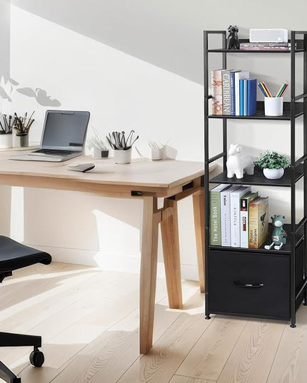 5 Tier Bookshelf with Storage, Bookcase with Drawers, Storage Shelves for Living Room / Home Office, Wood Shelves & Metal Shelf Organizer, Book Shelf for Bedroom, Tall & Ladder Bookshelf, Black - LeafyLoom