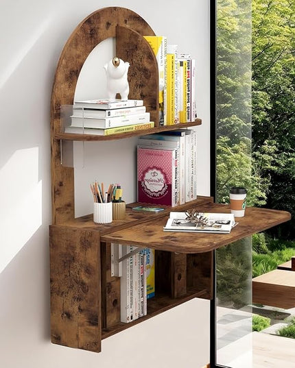 Wall Mounted Drop-Leaf Table, Floating Laptop Desk, Folding Table with Shelves, Multifunctional Computer Workstation Storage Compartments in Home Office for Space Saving (Rustic Brown) - LeafyLoom