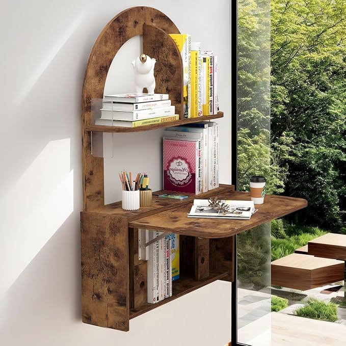 Wall Mounted Drop-Leaf Table, Floating Laptop Desk, Folding Table with Shelves, Multifunctional Computer Workstation Storage Compartments in Home Office for Space Saving (Rustic Brown) - LeafyLoom