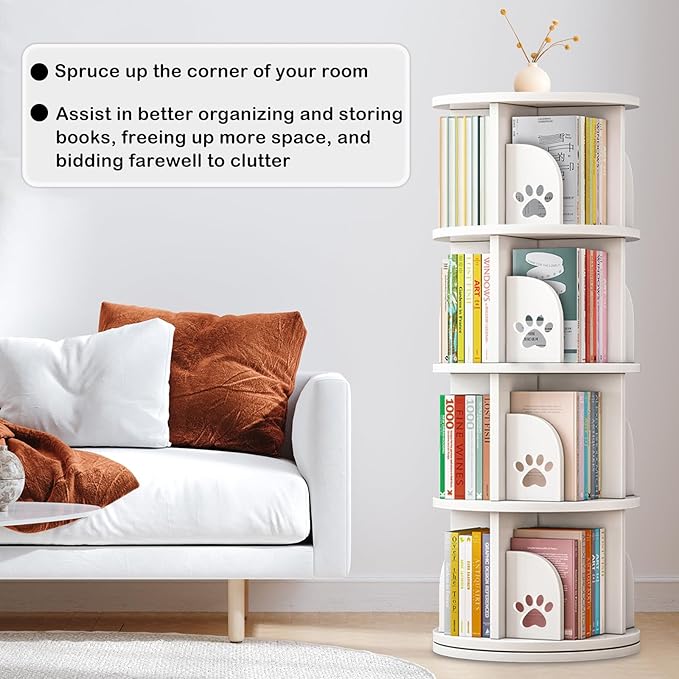 LEYUKEJI 360°Rotating Bookshelf 4-Tier Large Capacity 18" Diameter Kids Bookshelf PVC Plastic Display Cabinet,Corner Bookcase Space Saving Round Spinning Storage Rack With Small Silicone Hammer,White - LeafyLoom