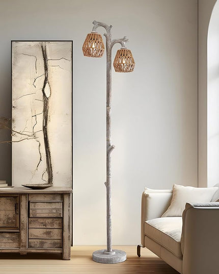OYEARS Retro Farmhouse Rattan Floor Lamp Boho for Living Room Rustic Standing Lamps Tree Trunk Deco Modern Country Vintage Wood Grain 62" Tall Corner Floor Lamp Bedroom Office… - LeafyLoom