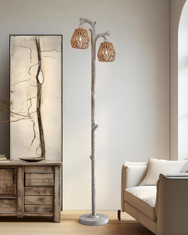 OYEARS Retro Farmhouse Rattan Floor Lamp Boho for Living Room Rustic Standing Lamps Tree Trunk Deco Modern Country Vintage Wood Grain 62" Tall Corner Floor Lamp Bedroom Office… - LeafyLoom