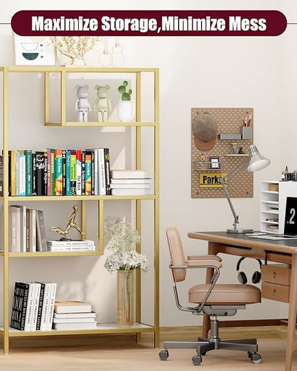 HOME BI Geometric Bookshelf, Tall Modern Etagere Bookcase, Industrial Metal Book Shelf with 5 Open Display Shelves for Office Living Room, Gold and White - LeafyLoom