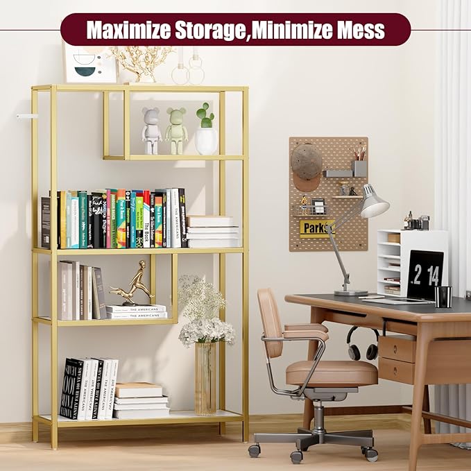 HOME BI Geometric Bookshelf, Tall Modern Etagere Bookcase, Industrial Metal Book Shelf with 5 Open Display Shelves for Office Living Room, Gold and White - LeafyLoom