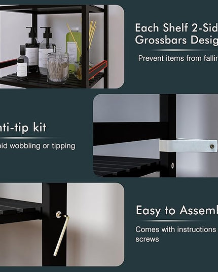 5 Tier Narrow Bookshelf, Bamboo Bookcase, Slim Tall Storage Rack Free Standing Shelving Unit with Adjustable Shelves for Living Room Bedroom Bathroom, Black - LeafyLoom
