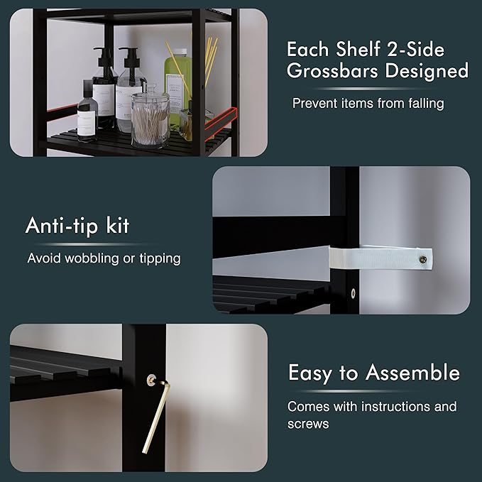 5 Tier Narrow Bookshelf, Bamboo Bookcase, Slim Tall Storage Rack Free Standing Shelving Unit with Adjustable Shelves for Living Room Bedroom Bathroom, Black - LeafyLoom