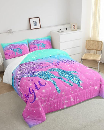 Unicorn Duvet Insert Queen Size,Glitter Starry Sky Comforter Set,Pink Blue Gradient Bedding Set,Sparkel Sequins Animal Down Comforter For Girls Teens Women Youth,3Pcs Magical Unicorn Quilt Comforter - LeafyLoom
