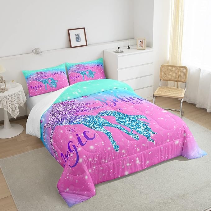 Unicorn Duvet Insert Queen Size,Glitter Starry Sky Comforter Set,Pink Blue Gradient Bedding Set,Sparkel Sequins Animal Down Comforter For Girls Teens Women Youth,3Pcs Magical Unicorn Quilt Comforter - LeafyLoom