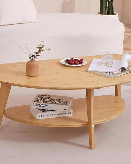 Mid Century Modern Coffee Table with Storage Shelf, Large Oval Coffee Table for Living Room 41.5" W x 22'' D x 18 H 100% Solid Wood Table for House Apt Desktop Thickness 0.8'' Super Sturdy - LeafyLoom