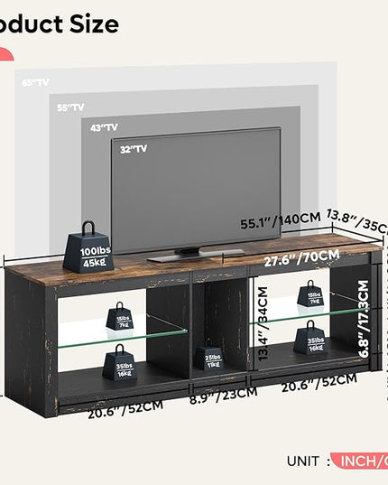 Bestier RGB TV Stand for 65+ Gaming Entertainment Center Gaming LED TV Media Console Table with 2 Glass Shelf PS Gaming TV Cabinet for Living Room, Golden Black - LeafyLoom