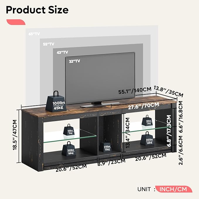Bestier RGB TV Stand for 65+ Gaming Entertainment Center Gaming LED TV Media Console Table with 2 Glass Shelf PS Gaming TV Cabinet for Living Room, Golden Black - LeafyLoom