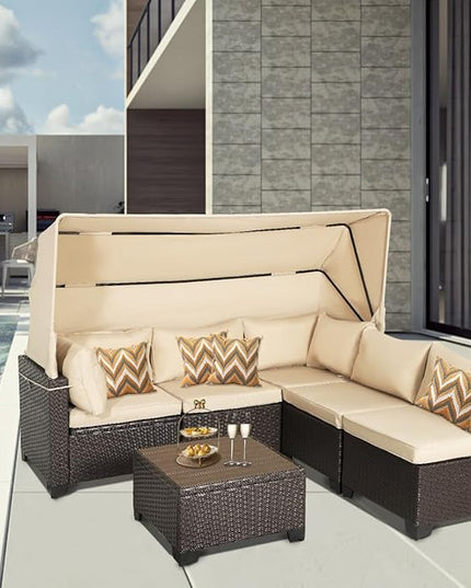 6 PCS Outdoor Patio Furniture Set,Sectional Sofa Set,Rattan Daybed with Retractable Canopy,Adjustable Backrest,Storage Coffee Table for Porch Garden Poolside Backyard(Khaki) - LeafyLoom