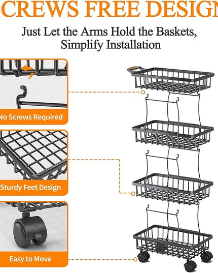 Wisdom Star 4 Tier Fruit Vegetable Basket for Kitchen, Storage Cart, Vegetable Basket Bins, Wire Storage Organizer Utility Cart with Wheels, Medium, Black - LeafyLoom