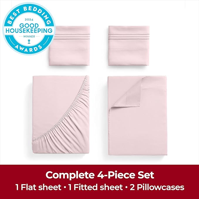 Mellanni Full Sheets Set - 4 PC Iconic Collection Bedding Sheets & Pillowcases - Hotel Luxury, Extra Soft, Cooling Bed Sheets - Deep Pocket up to 16 inch (Full, Blush Pink) - LeafyLoom