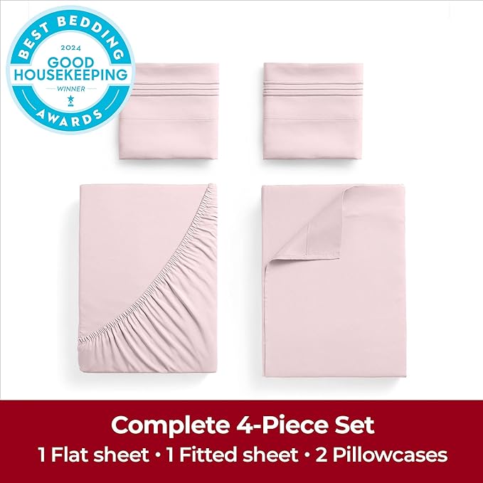 Mellanni Extra Deep Queen Sheets - 4 PC Iconic Collection Bedding Sheets & Pillowcases - Hotel Luxury, Ultra Soft, Cooling Bed Sheets - Extra Deep Pocket up to 21 inch (Queen, Blush Pink) - LeafyLoom