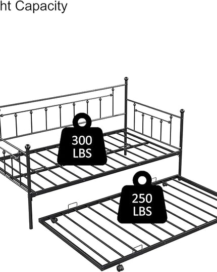 Twin Size Daybed with Trundle,Heavy-Duty Sturdy Metal Bed Frame,Noise Reduced,No Box Spring Needed,for Living Room Bedroom Apartment,Black - LeafyLoom