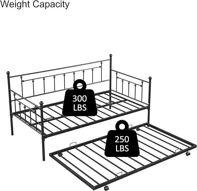 Twin Size Daybed with Trundle,Heavy-Duty Sturdy Metal Bed Frame,Noise Reduced,No Box Spring Needed,for Living Room Bedroom Apartment,Black - LeafyLoom