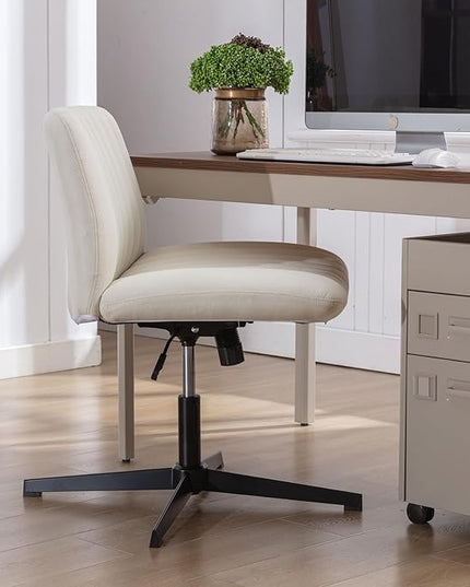 FELICE Cross Legged Armless Wide Seat Chair Fabri Padded Height Adjustable for Home Office Desk Makeup, Beige - LeafyLoom