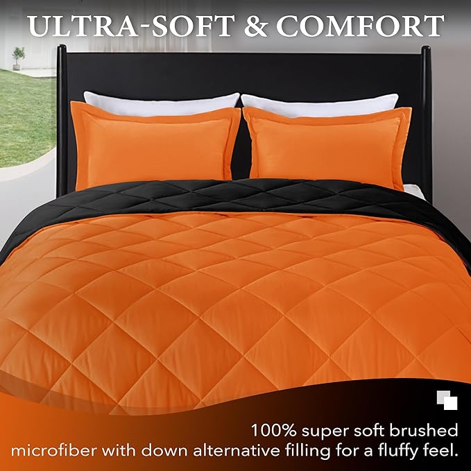 downluxe King Size Comforter Set - Orange and Black King Comforter, Soft Bedding Sets for All Seasons -3 Pieces - 1 Comforter (104"x92") and 2 Pillow Shams(20"x36") - LeafyLoom